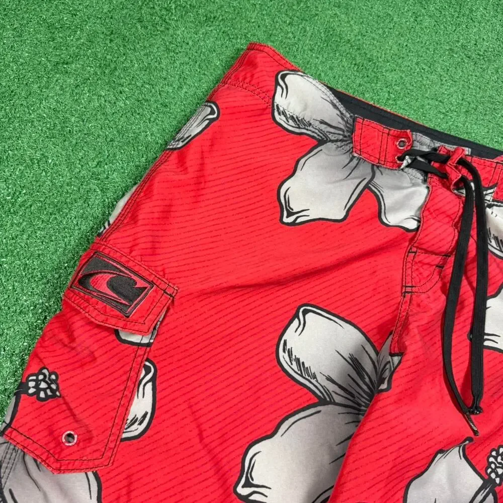 Vintage O’Neill Board Shorts Mens 34 Red Floral Surf Swim Trunks Y2K Hawaiian